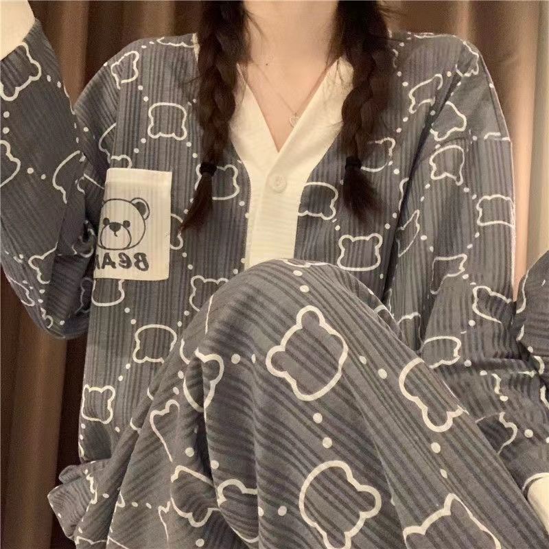 Jiashucheng Bộ Đồ Ngủ Tay Dài Vải Mỏng Thời Trang Xuân Thu Phong Cách Hàn Quốc Cho Nữ