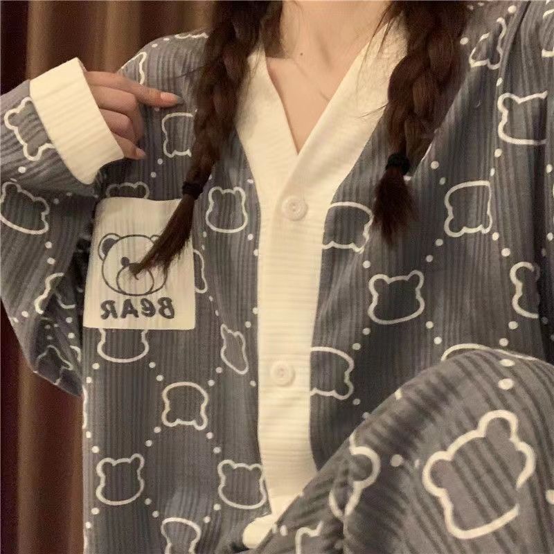 Jiashucheng Bộ Đồ Ngủ Tay Dài Vải Mỏng Thời Trang Xuân Thu Phong Cách Hàn Quốc Cho Nữ