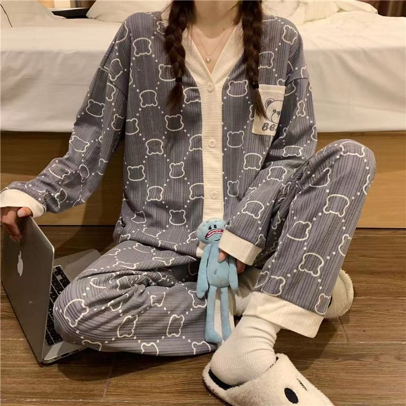 Jiashucheng Bộ Đồ Ngủ Tay Dài Vải Mỏng Thời Trang Xuân Thu Phong Cách Hàn Quốc Cho Nữ