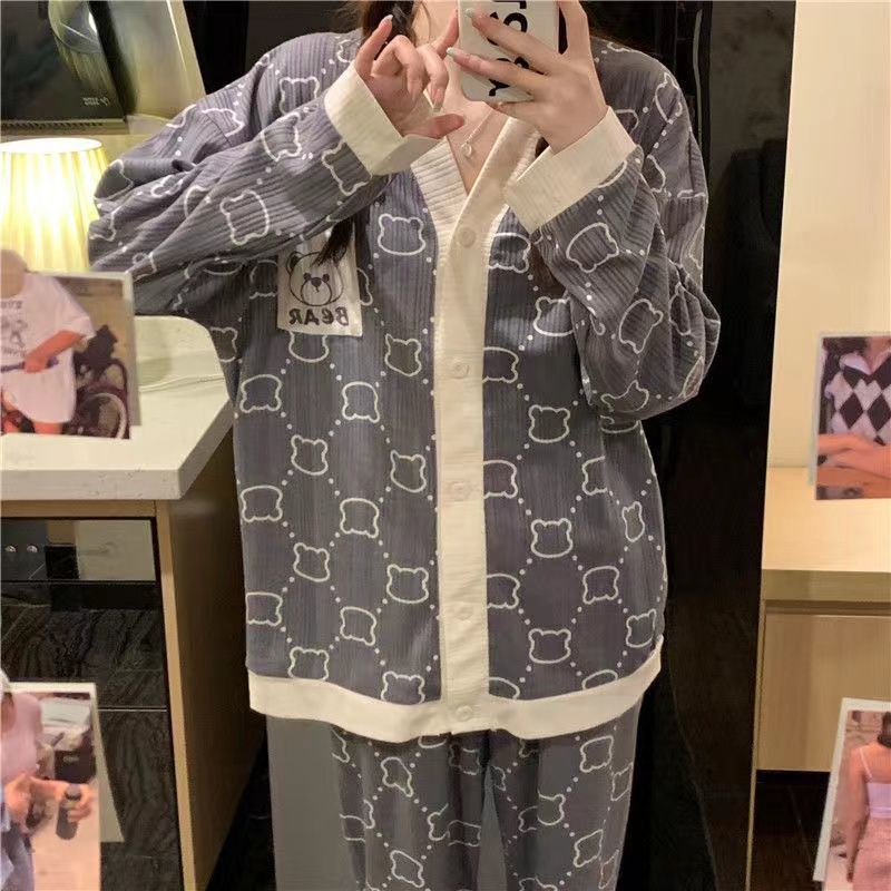 Jiashucheng Bộ Đồ Ngủ Tay Dài Vải Mỏng Thời Trang Xuân Thu Phong Cách Hàn Quốc Cho Nữ