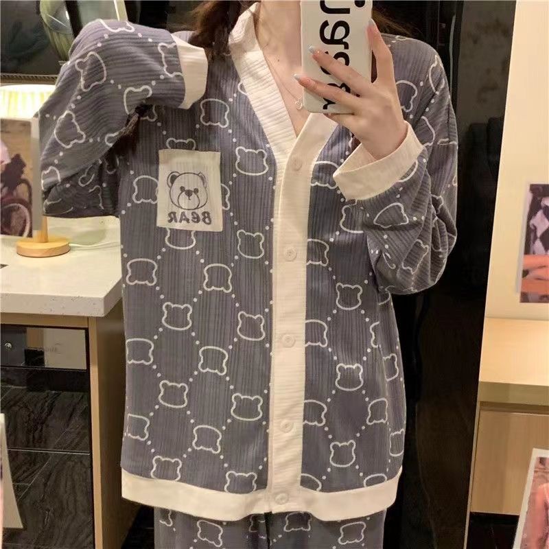 Jiashucheng Bộ Đồ Ngủ Tay Dài Vải Mỏng Thời Trang Xuân Thu Phong Cách Hàn Quốc Cho Nữ