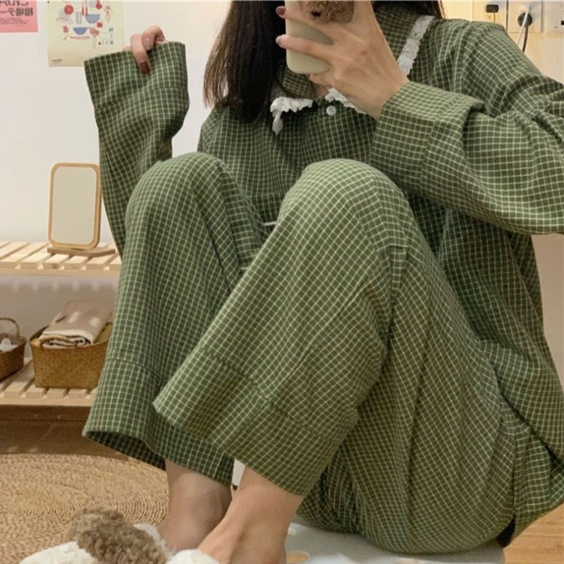 Jiashucheng Bộ Đồ Ngủ Tay Dài Cổ Búp Bê Đơn Giản Phong Cách Nhật Bản Thời Trang Mùa Thu Hàng Mới Dành Cho Bạn Nữ