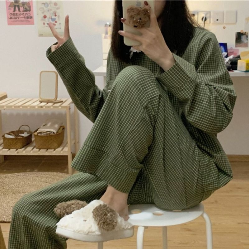 Jiashucheng Bộ Đồ Ngủ Tay Dài Cổ Búp Bê Đơn Giản Phong Cách Nhật Bản Thời Trang Mùa Thu Hàng Mới Dành Cho Bạn Nữ