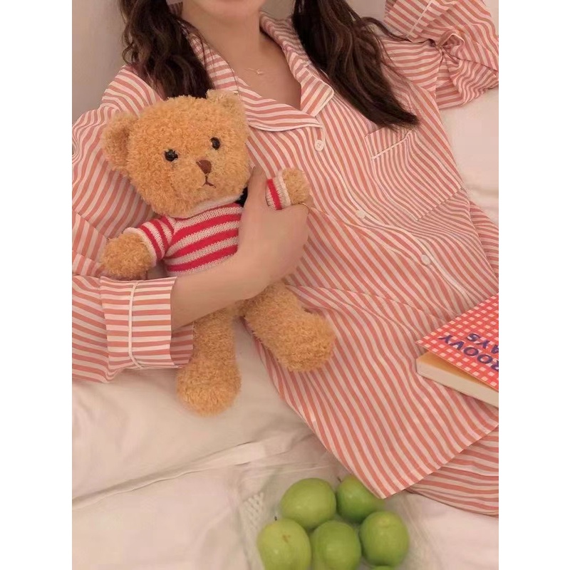 Jiashucheng Bộ Đồ Ngủ Tay Dài Dáng Rộng Họa Tiết Kẻ Sọc Cao Cấp Phong Cách Xuân Thu Dành Cho Bạn Nữ St