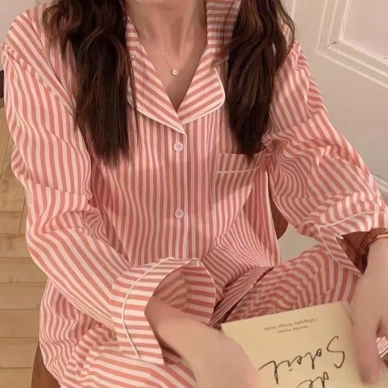 Jiashucheng Bộ Đồ Ngủ Tay Dài Dáng Rộng Họa Tiết Kẻ Sọc Cao Cấp Phong Cách Xuân Thu Dành Cho Bạn Nữ St