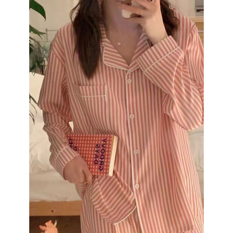 Jiashucheng Bộ Đồ Ngủ Tay Dài Dáng Rộng Họa Tiết Kẻ Sọc Cao Cấp Phong Cách Xuân Thu Dành Cho Bạn Nữ St