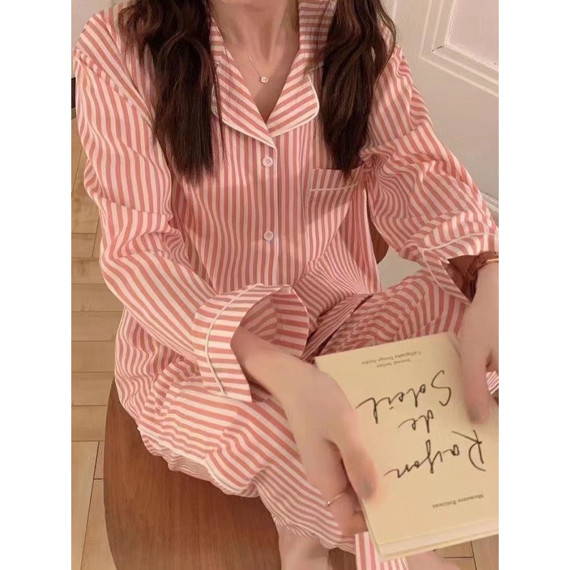 Jiashucheng Bộ Đồ Ngủ Tay Dài Dáng Rộng Họa Tiết Kẻ Sọc Cao Cấp Phong Cách Xuân Thu Dành Cho Bạn Nữ St