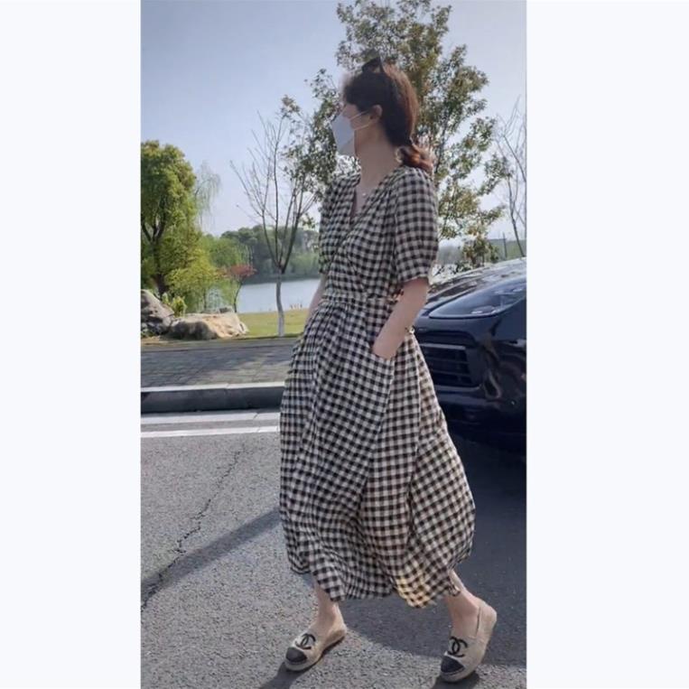 Váy Đầm Dài Dáng Xoè Kẻ Sọc Tay Phồng Cao Cấp Phong Cách Hepburn Váy Liền Nữ Mùa Hè 14 II8