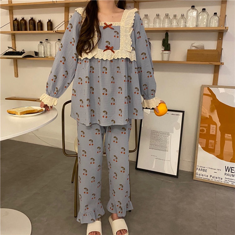 Jiashucheng Bộ Đồ Ngủ Phối Ren Dễ Thương Ngọt Ngào Thời Trang Thu Đông Cho Nữ