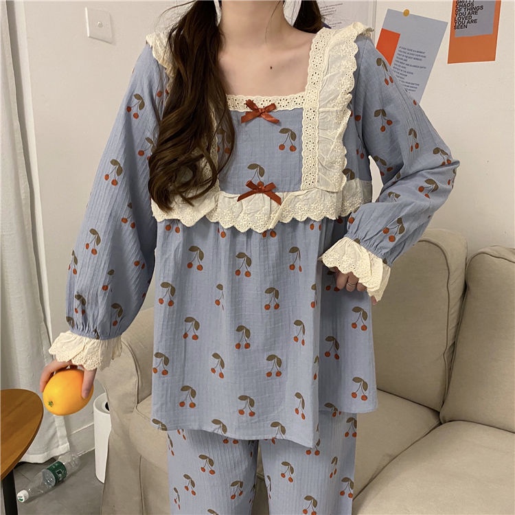 Jiashucheng Bộ Đồ Ngủ Phối Ren Dễ Thương Ngọt Ngào Thời Trang Thu Đông Cho Nữ