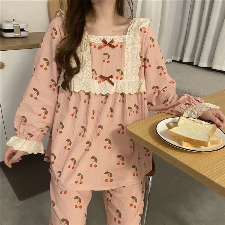 Jiashucheng Bộ Đồ Ngủ Phối Ren Dễ Thương Ngọt Ngào Thời Trang Thu Đông Cho Nữ