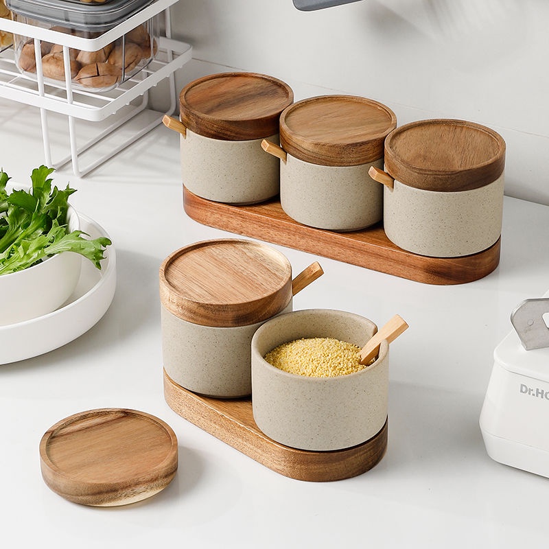 Bộ Lọ Đựng Gia Vị Bằng Gốm Sứ Phong Cách Nhật Bản Cổ Điển Kèm Muỗng Gỗ