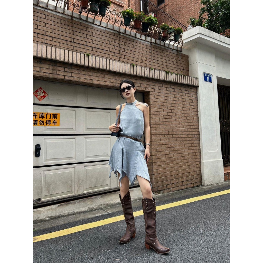 Đầm Denim Không Tay Thiết Kế Không Đồng Đều Phong Cách Đường Phố Thời Trang Mùa Hè Mới Dành Cho Bạn Nữ