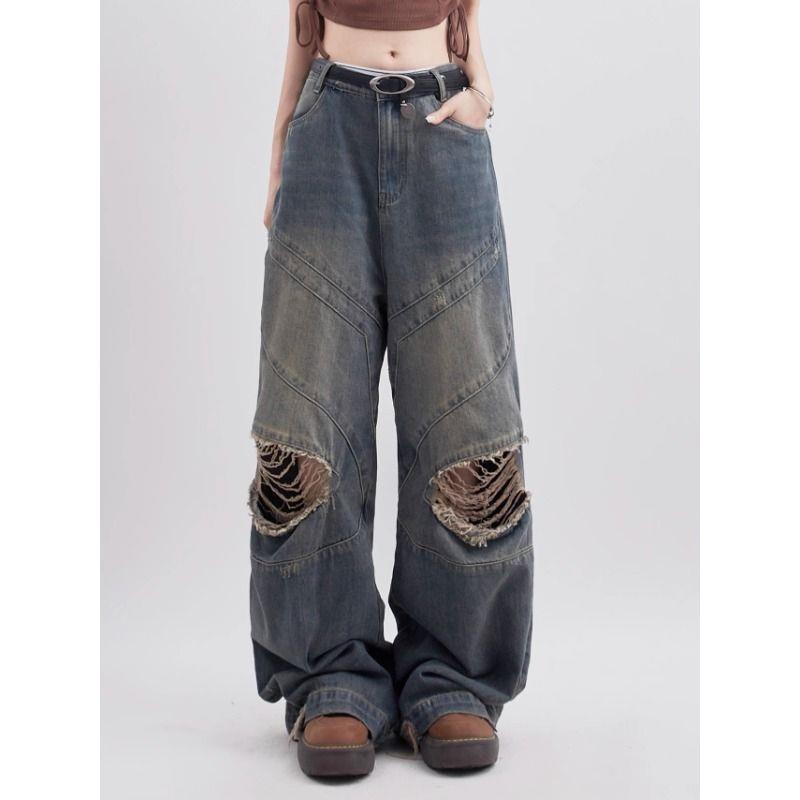 Quần Jeans Dài Phối Vết Rách Cá Tính Cho Nữ