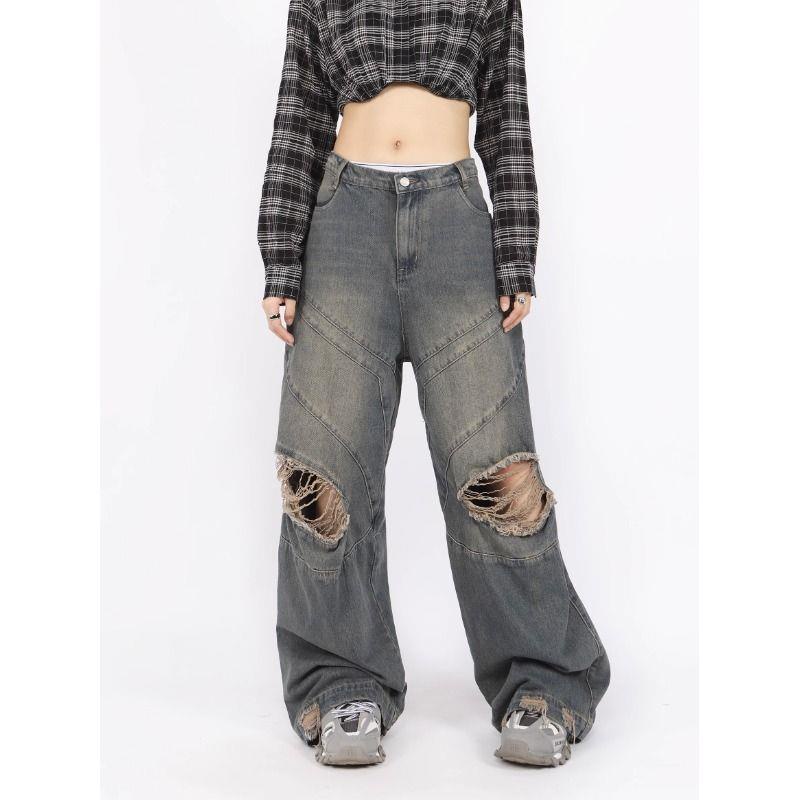 Quần Jeans Dài Phối Vết Rách Cá Tính Cho Nữ