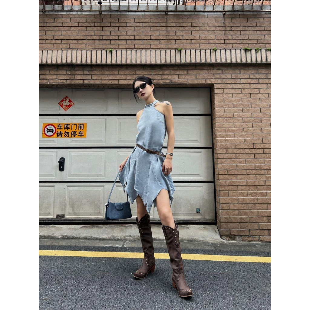 Đầm Denim Không Tay Thiết Kế Không Đồng Đều Phong Cách Đường Phố Thời Trang Mùa Hè Mới Dành Cho Bạn Nữ