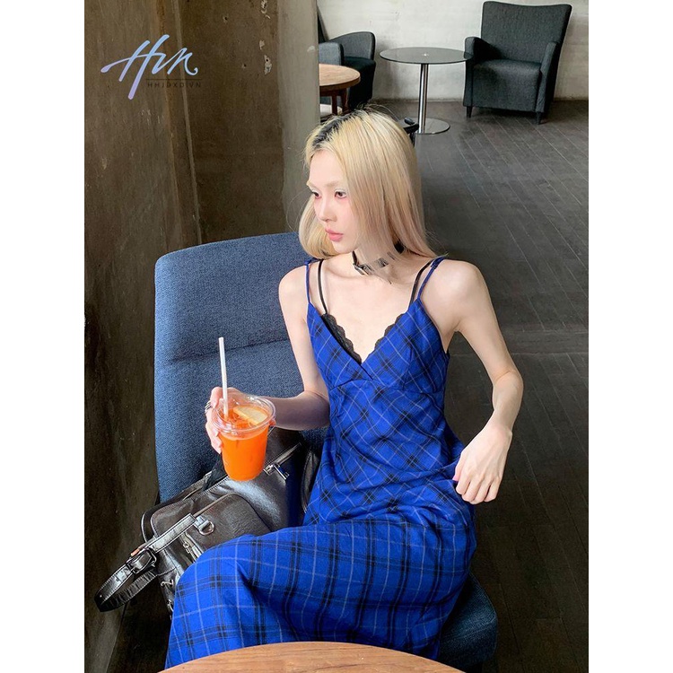 Đầm Hai Dây Cổ Chữ v Xẻ Tà Họa Tiết Ca Rô Thời Trang Dành Cho Nữ