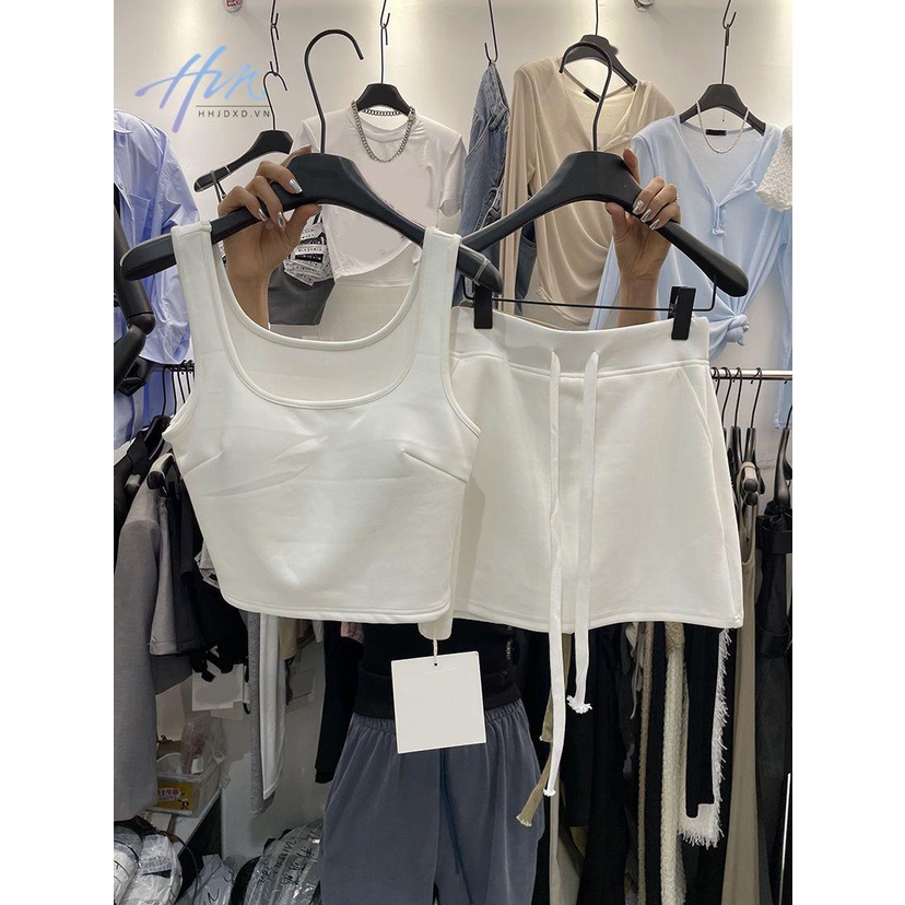 Set Áo Thun Ba Lỗ Dáng Ôm + Quần Short Lưng Thun Phong Cách Hàn Quốc Thời Trang Mùa Hè 2023 Mới