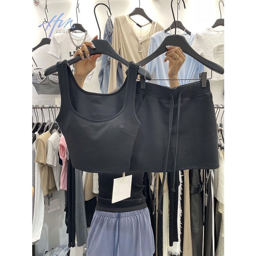 Set Áo Thun Ba Lỗ Dáng Ôm + Quần Short Lưng Thun Phong Cách Hàn Quốc Thời Trang Mùa Hè 2023 Mới