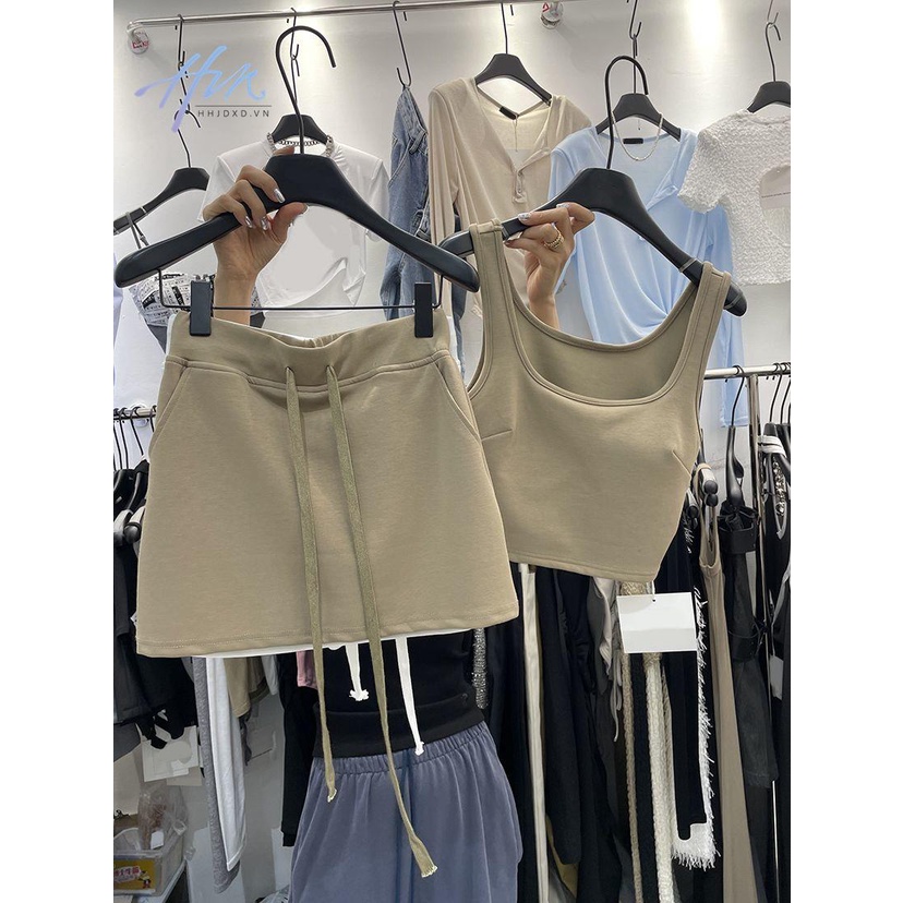 Set Áo Thun Ba Lỗ Dáng Ôm + Quần Short Lưng Thun Phong Cách Hàn Quốc Thời Trang Mùa Hè 2023 Mới