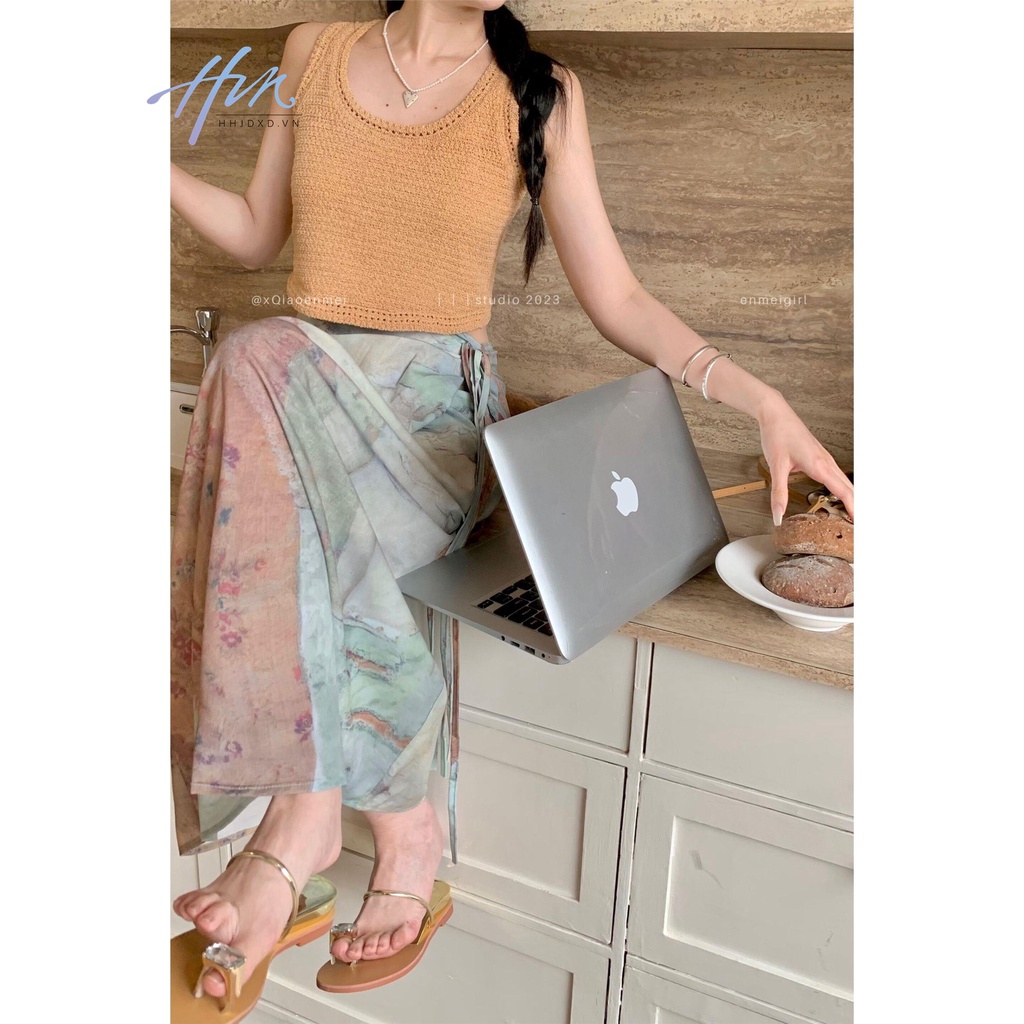 Set Áo Sát Nách Nhuộm Màu Phối Chân Váy Dài Dáng Chữ A Lưng Cao Kiểu Retro Thời Trang Mùa Hè 2023