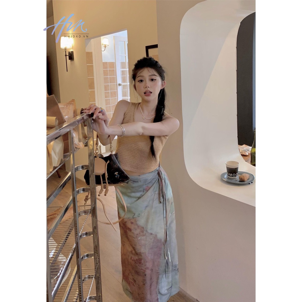 Set Áo Sát Nách Nhuộm Màu Phối Chân Váy Dài Dáng Chữ A Lưng Cao Kiểu Retro Thời Trang Mùa Hè 2023