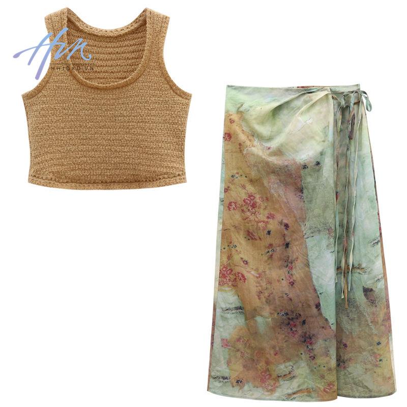 Set Áo Sát Nách Nhuộm Màu Phối Chân Váy Dài Dáng Chữ A Lưng Cao Kiểu Retro Thời Trang Mùa Hè 2023