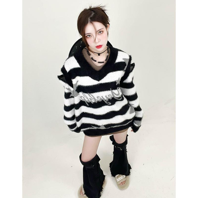 Áo Sweater Cổ Tròn Họa Tiết Kẻ Sọc Phong Cách Mỹ Thời Trang Thu Đông Hàng Mới 2023