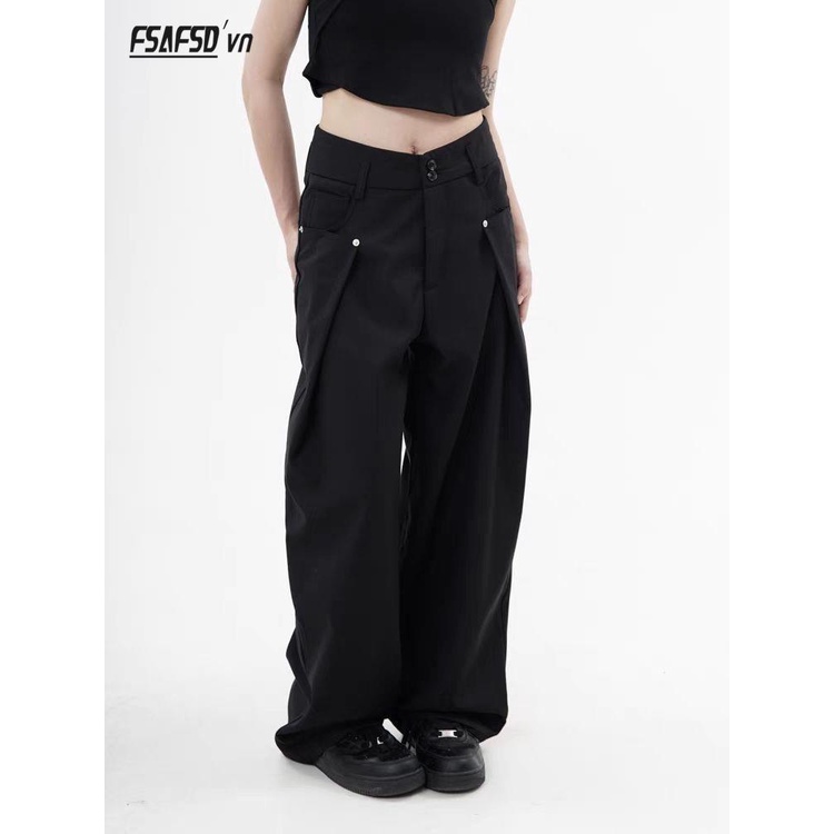 Quần Dài Ống Rộng Màu Đen Phong Cách Retro Mỹ Cao Cấp