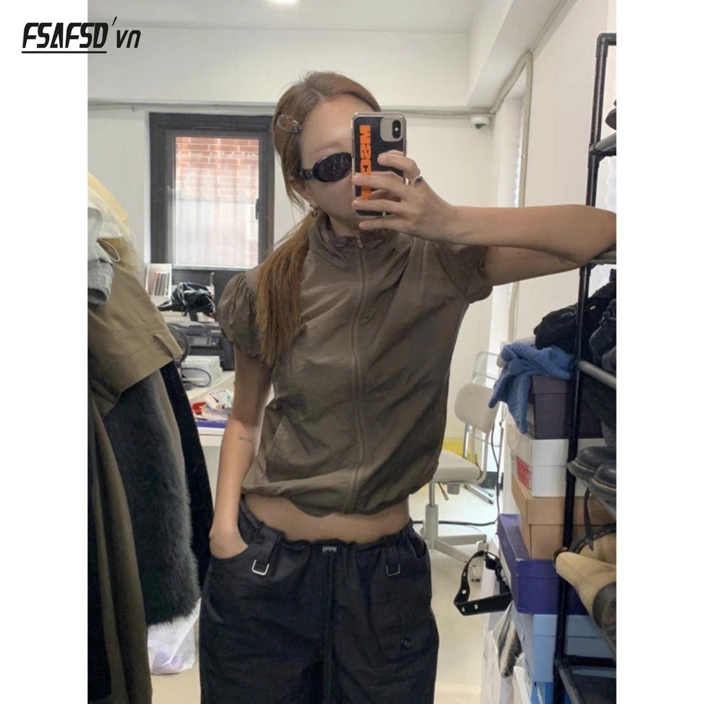 Áo Khoác Tay Ngắn Cổ Đứng Mỏng Nhẹ Màu Nâu Phong Cách Âu Mỹ Cổ Điển Thời Trang Cho Nữ