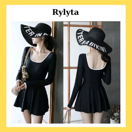 Đồ bơi nữ tay dài liền mảnh váy kín đáo - Bikini đi biển liền thân cổ vuông sành điệu RYLYTA SR124