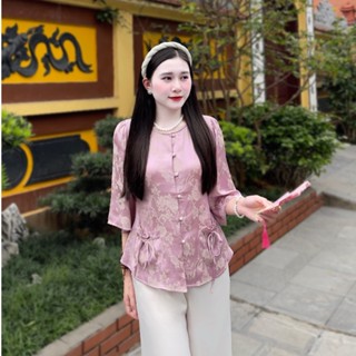  Bộ lam đi lễ Bộ pháp phục An Vy cổ tròn cúc ngọc Gấm túi lộc 3 màu cho nữ Pháp Phục Hải Đường 