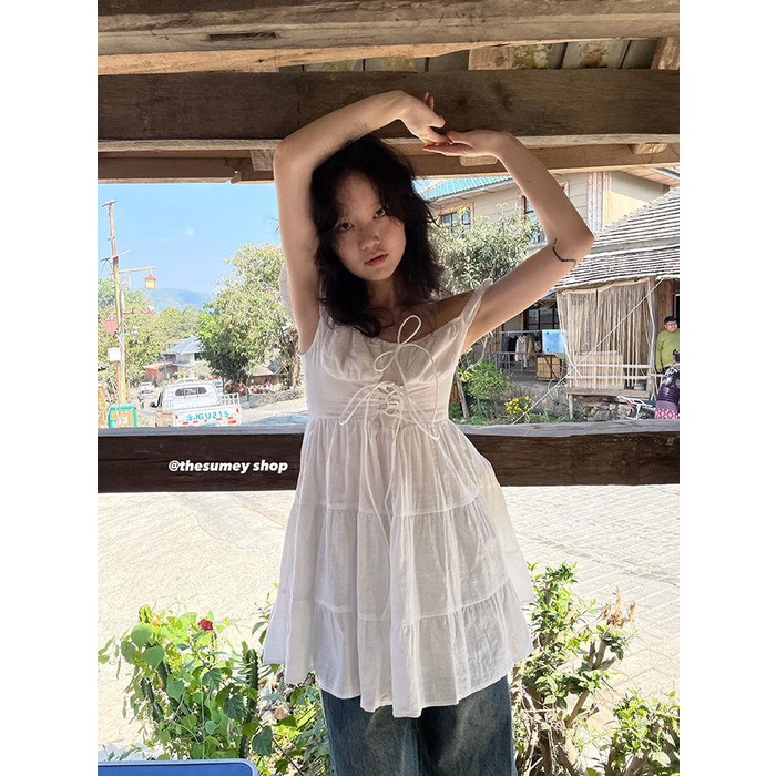 Váy Ngắn Dáng Chữ a Lưng Cao Buộc Dây Phong Cách Công Chúa Ngọt Ngào Cho Nữ