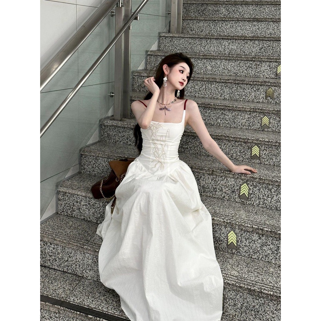 Đầm Hai Dây Dáng Dài Thêu Họa Tiết Phong Cách Trung Hoa Ngọt Ngào Thời Trang Cho Nữ