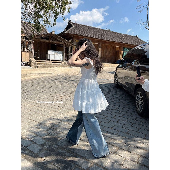 Váy Ngắn Dáng Chữ a Lưng Cao Buộc Dây Phong Cách Công Chúa Ngọt Ngào Cho Nữ