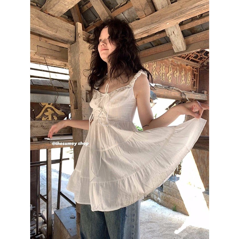 Váy Ngắn Dáng Chữ a Lưng Cao Buộc Dây Phong Cách Công Chúa Ngọt Ngào Cho Nữ