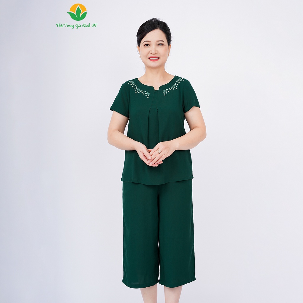 Bộ quần áo mặc nhà trung niên xuân hè Việt Thắng, quần lửng, áo cộc tay, chất Lanh -  B26.2305
