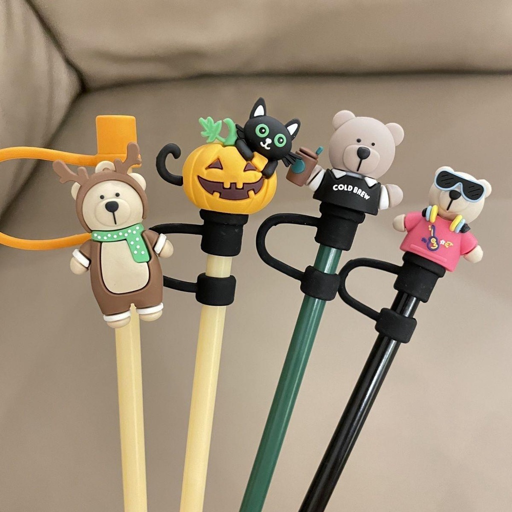 Nút Bịt Ống Hút Starbucks / Cà Phê / Gấu / Quả Cam Bằng Silicone Chống Bụi