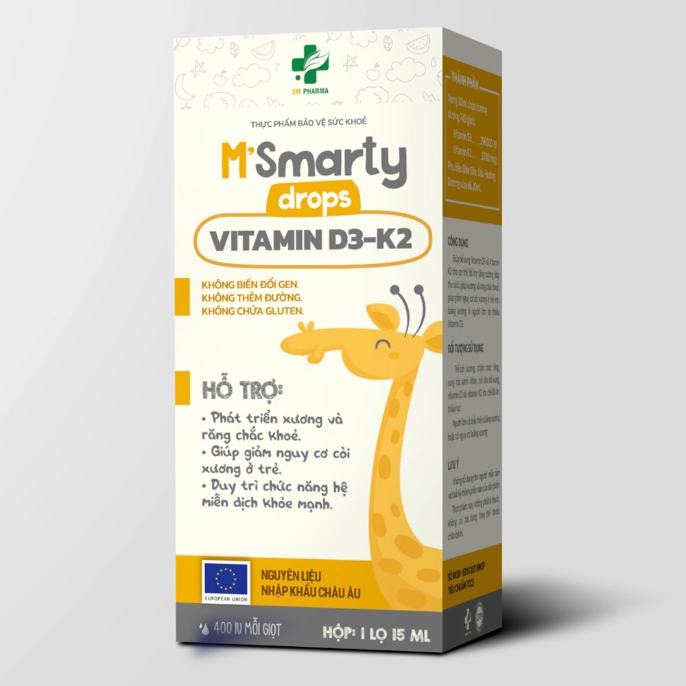 Vitamin D3, K2 M'Smarty Giúp Hấp Thu Canxi, Tăng Chiều Cao, Chống Còi Xương Cho Trẻ Từ Sơ Sinh -Lọ 15ml