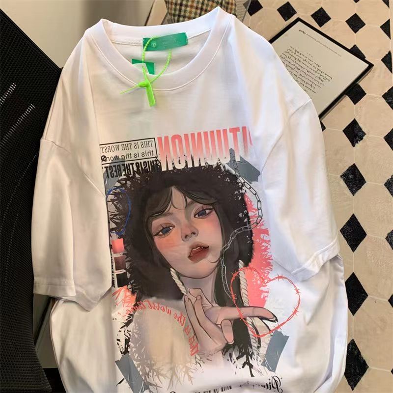 Jiashucheng Áo Thun Mùa Hè Tay Lửng Dáng Rộng Phong Cách Hip Hop Đường Phố Hàn Quốc Ngọt Ngào Jiashucheng @ -