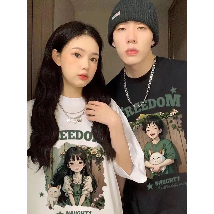 Jiashucheng Bộ Áo Thun Tay Lỡ Phong Cách Đường Phố Mùa Hè 2023 Mới Cho Cặp Đôi @ -