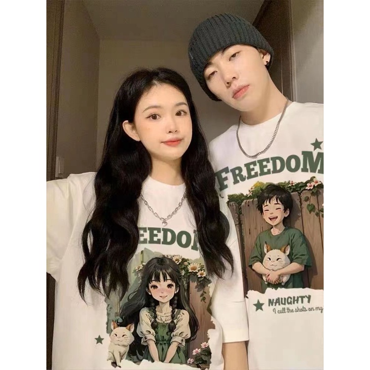 Jiashucheng Bộ Áo Thun Tay Lỡ Phong Cách Đường Phố Mùa Hè 2023 Mới Cho Cặp Đôi @ -