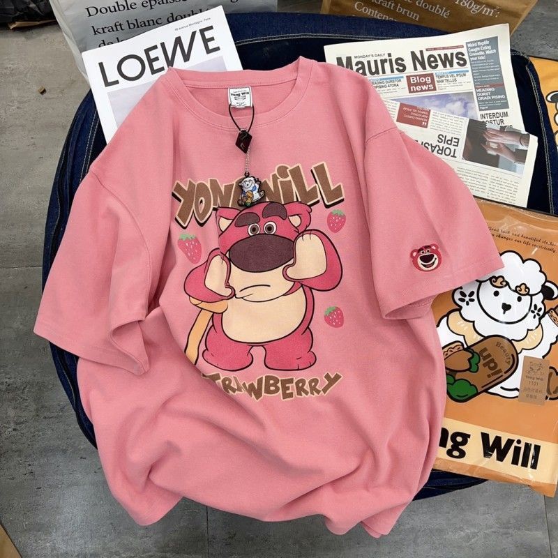 Jiashucheng Áo Thun Tay Lỡ Dáng Rộng In Hình Gấu Dâu Tây Mùa Xuân Hè Phong Cách Preppy Retro Mỹ