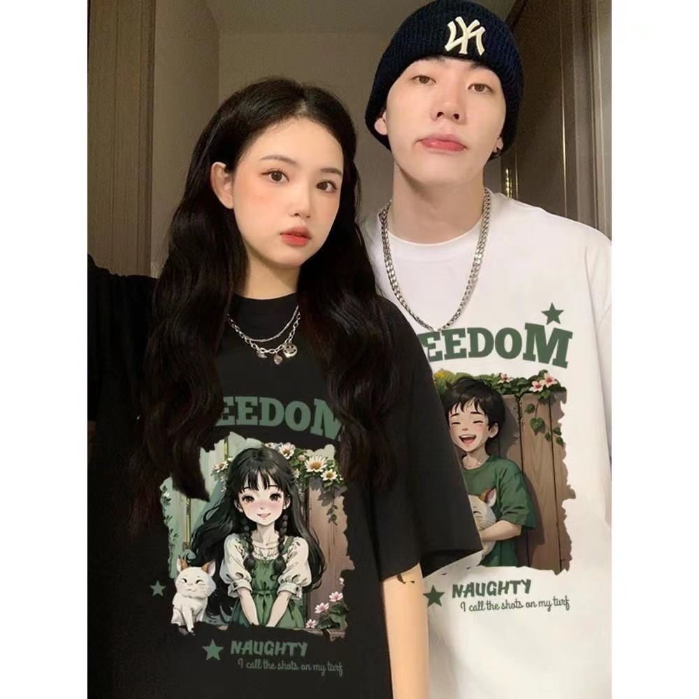 Jiashucheng Bộ Áo Thun Tay Lỡ Phong Cách Đường Phố Mùa Hè 2023 Mới Cho Cặp Đôi @ -