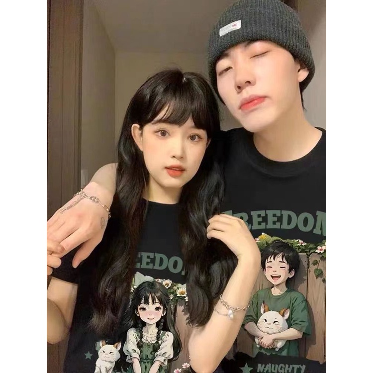 Jiashucheng Bộ Áo Thun Tay Lỡ Phong Cách Đường Phố Mùa Hè 2023 Mới Cho Cặp Đôi @ -