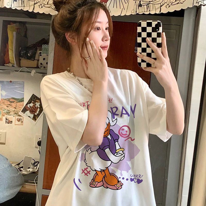 Jiashucheng Áo Thun Ngắn Tay Dáng Rộng In Chữ Và Hình Vịt Donald Dễ Thương Thời Trang Mùa Hè Cho Nữ