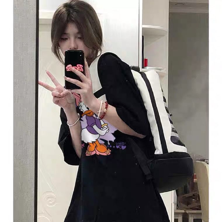 Jiashucheng Áo Thun Ngắn Tay Dáng Rộng In Chữ Và Hình Vịt Donald Dễ Thương Thời Trang Mùa Hè Cho Nữ