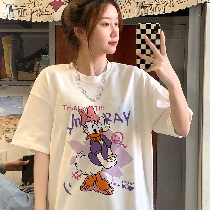 Jiashucheng Áo Thun Ngắn Tay Dáng Rộng In Chữ Và Hình Vịt Donald Dễ Thương Thời Trang Mùa Hè Cho Nữ