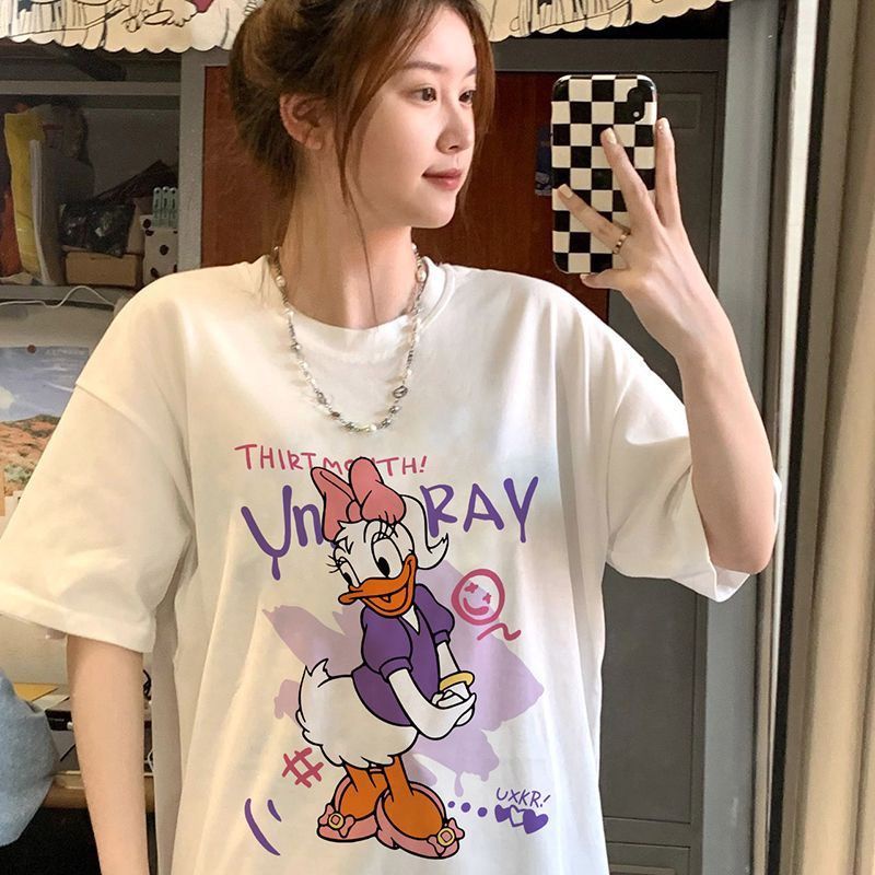 Jiashucheng Áo Thun Ngắn Tay Dáng Rộng In Chữ Và Hình Vịt Donald Dễ Thương Thời Trang Mùa Hè Cho Nữ