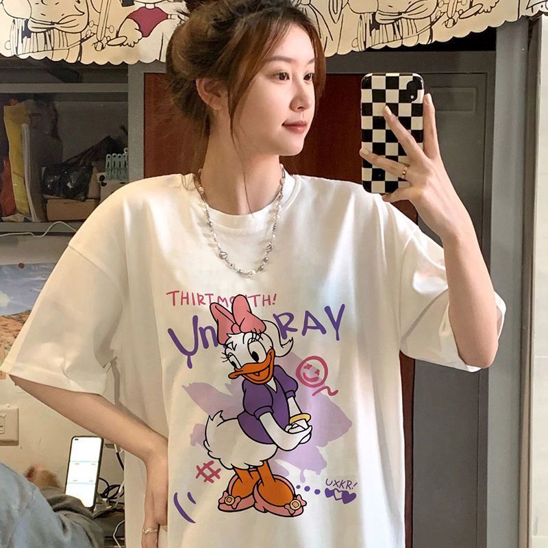 Jiashucheng Áo Thun Ngắn Tay Dáng Rộng In Chữ Và Hình Vịt Donald Dễ Thương Thời Trang Mùa Hè Cho Nữ